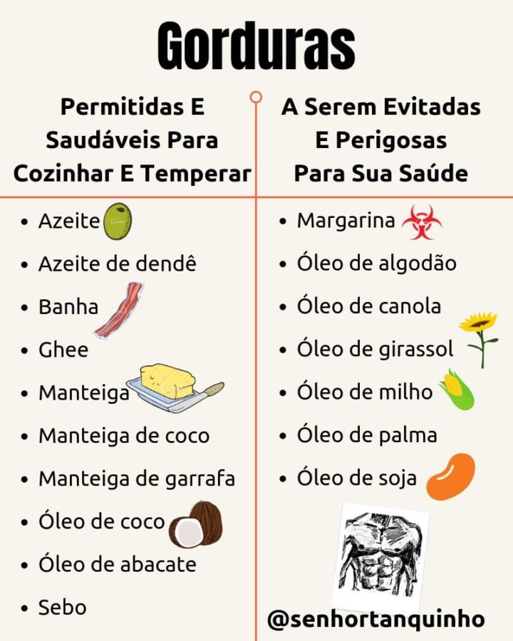 Resumo visual das principais gorduras saudáveis X principais gorduras maléficas