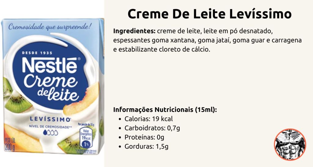 embalagem de creme de leite levíssimo apresentando seus ingredientes e informações nutricionais