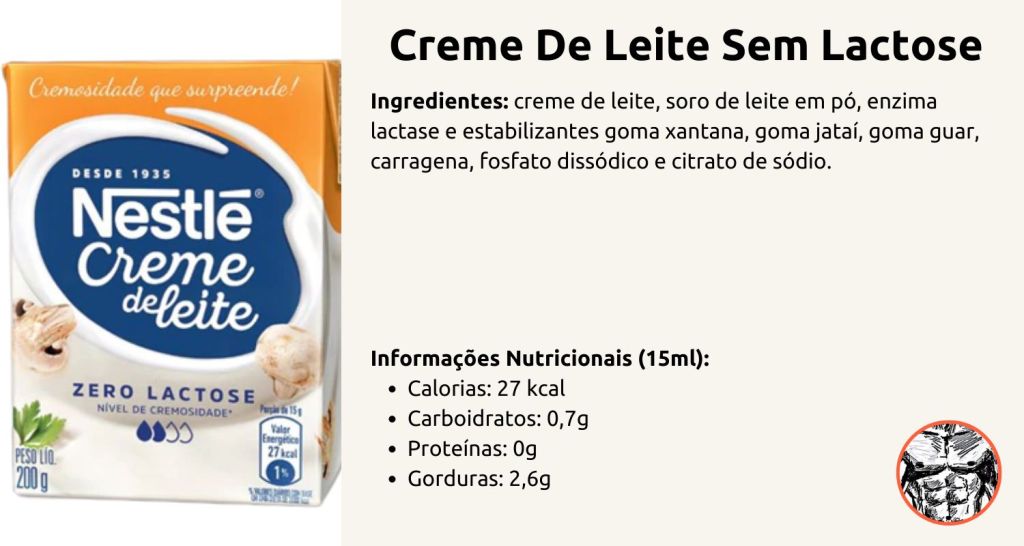 embalagem de creme de leite sem lactose apresentando seus ingredientes e informações nutricionais