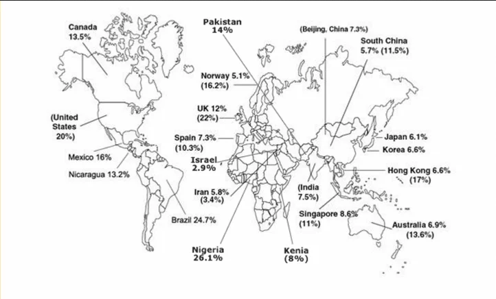 síndrome do intestino irritável mapa prevalência sii ao redor do mundo